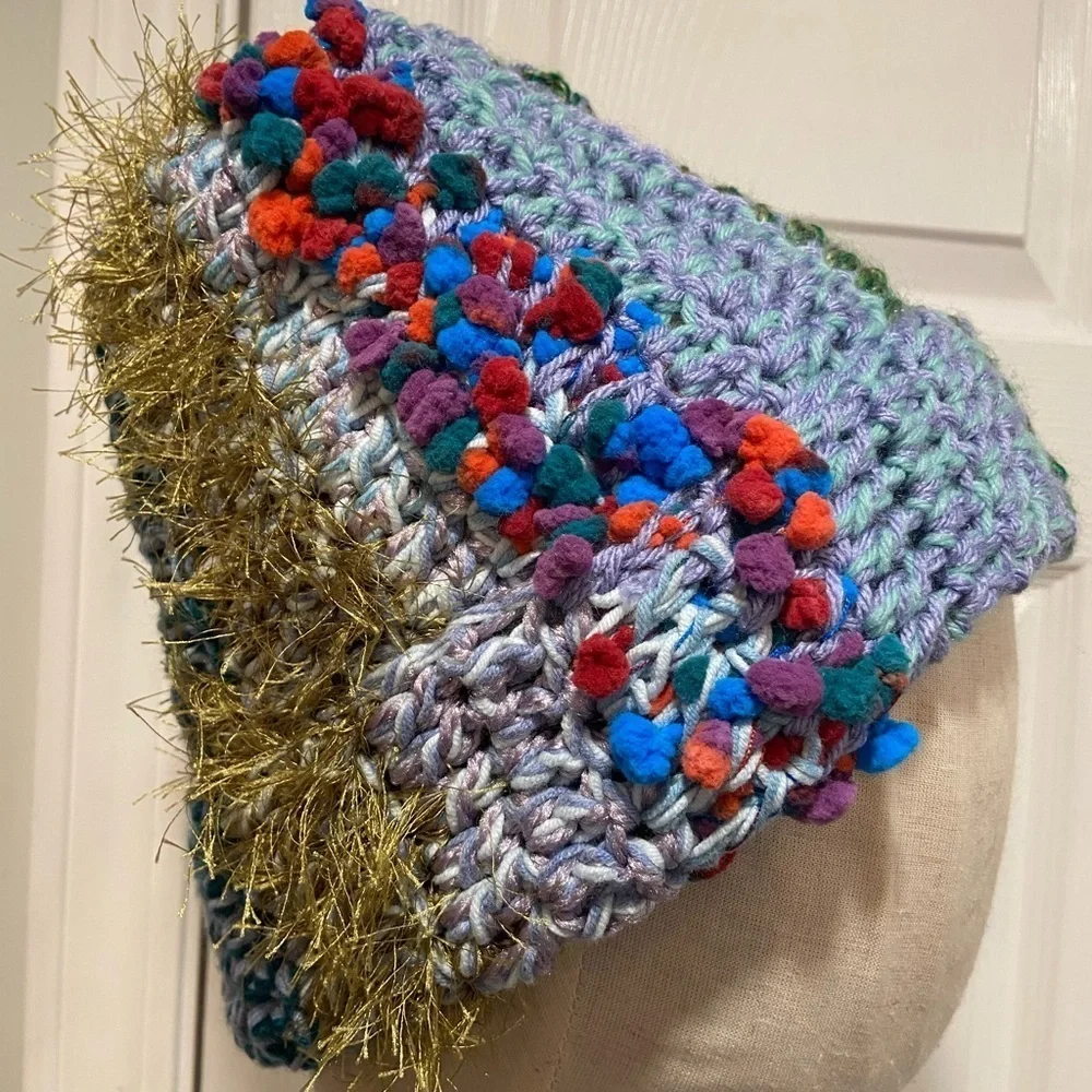 Handmade Crochet Chunky Ribbed Upcycled Multi Fiber Scrappy Yarn Beanie Hat